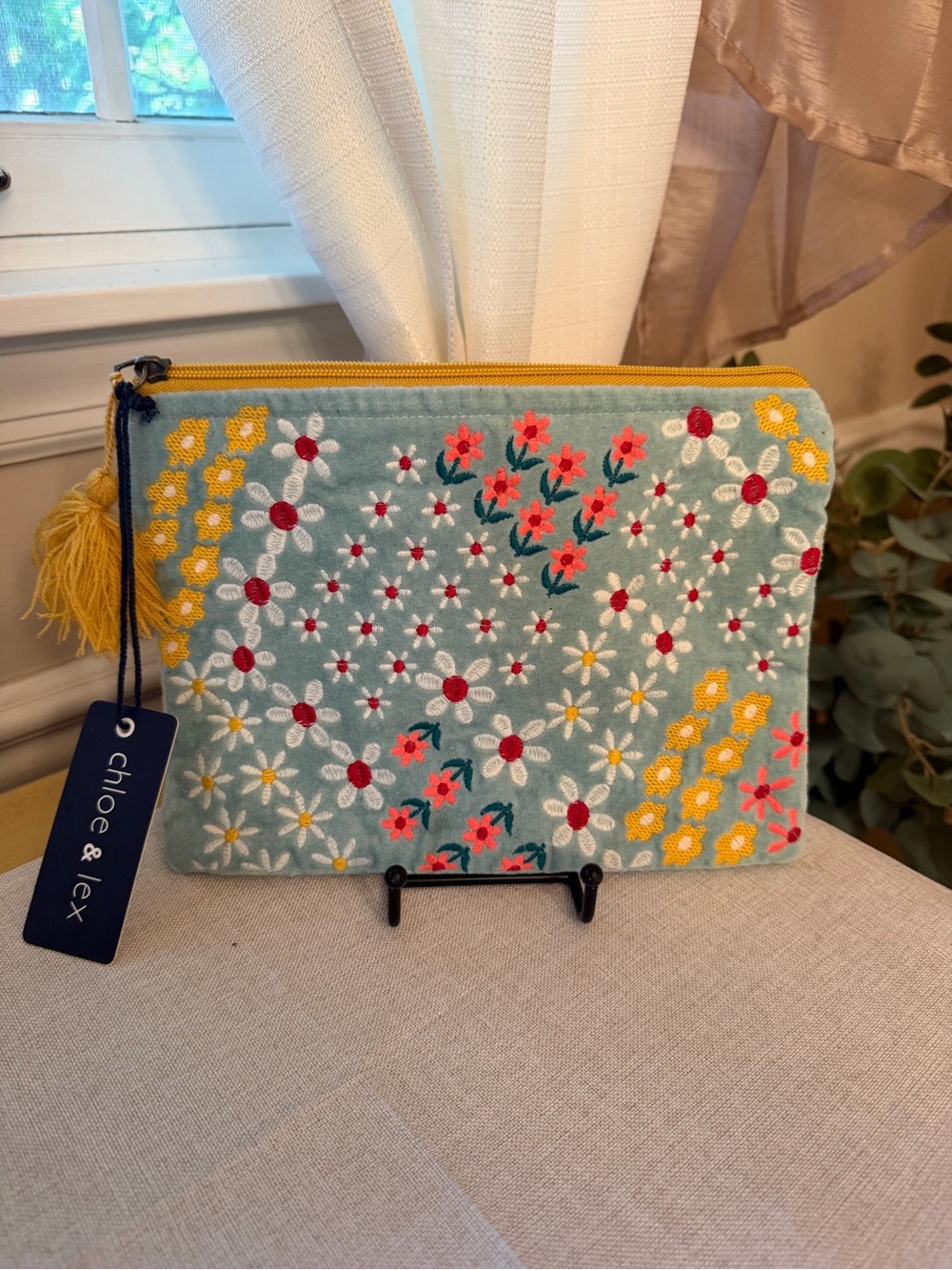CHLOE & LEX Floral Embroidered Blue cosmetic or everything bag NWT